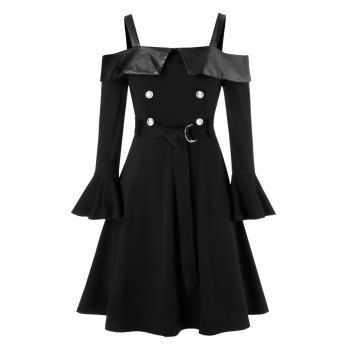 

Plus Size Open Shoulder Ruffle Cuff Belted A Line Dress, Black