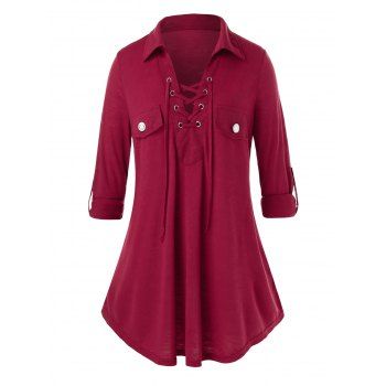 

Plus Size Lace Up Roll Up Sleeve Tunic Top, Red wine