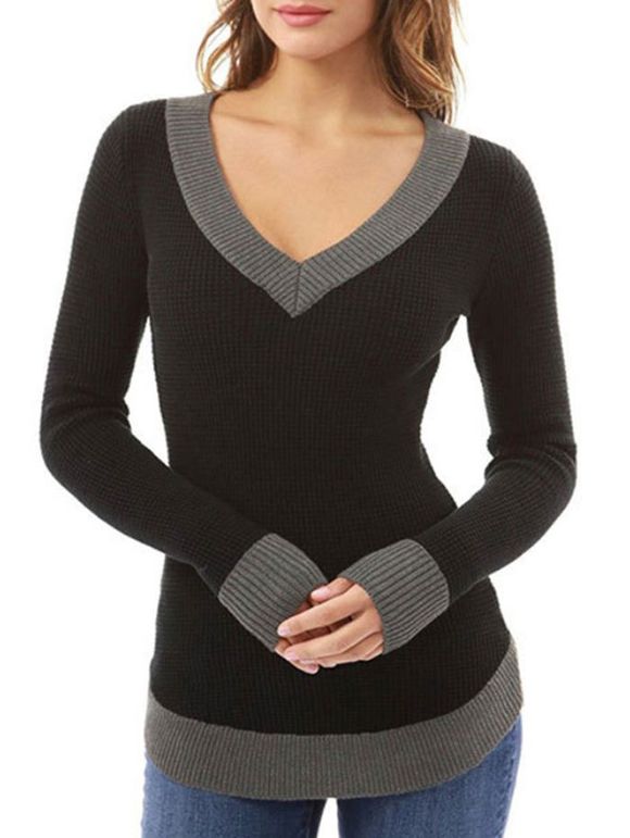 V Neck Contrast Trim Fitted Sweater - BLACK L