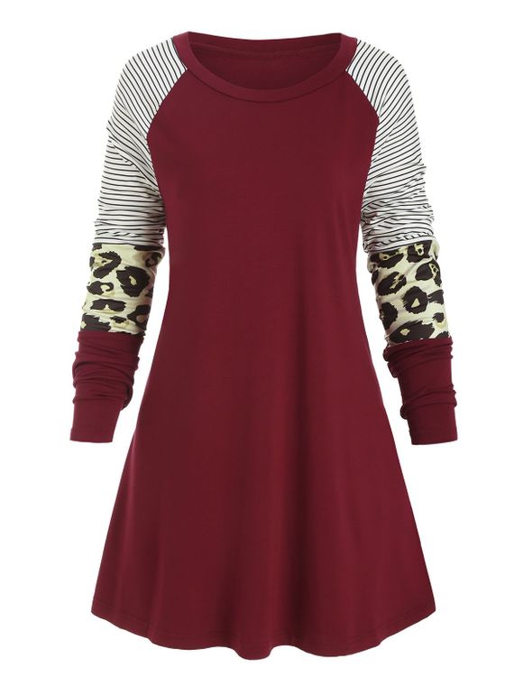 T-shirt Long Léopard Rayé de Grande Taille - Rouge Vineux L