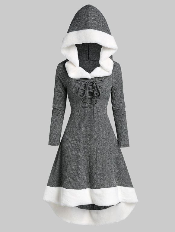Robe à Capuche Tricotée Panneau en Fausse Fourrure de Grande Taille à Lacets - Gris Foncé 2X