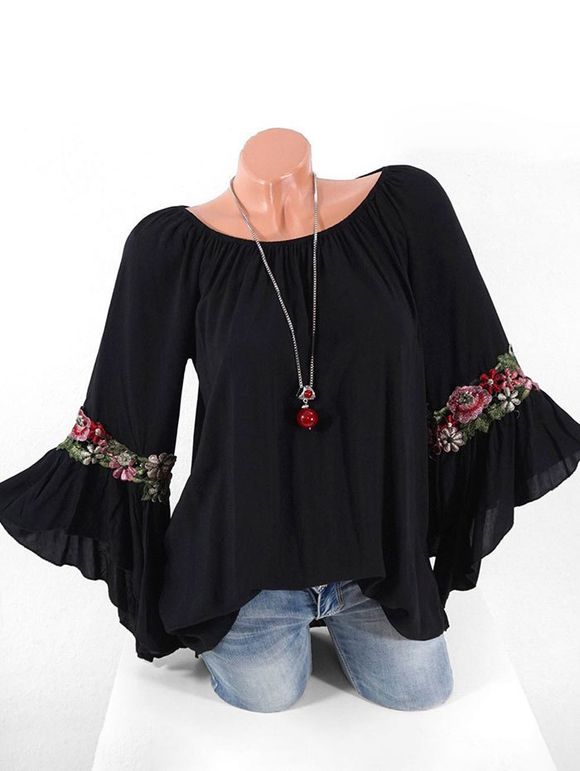Blouse Brodée à Manches Cloche Grande Taille - Noir 5X