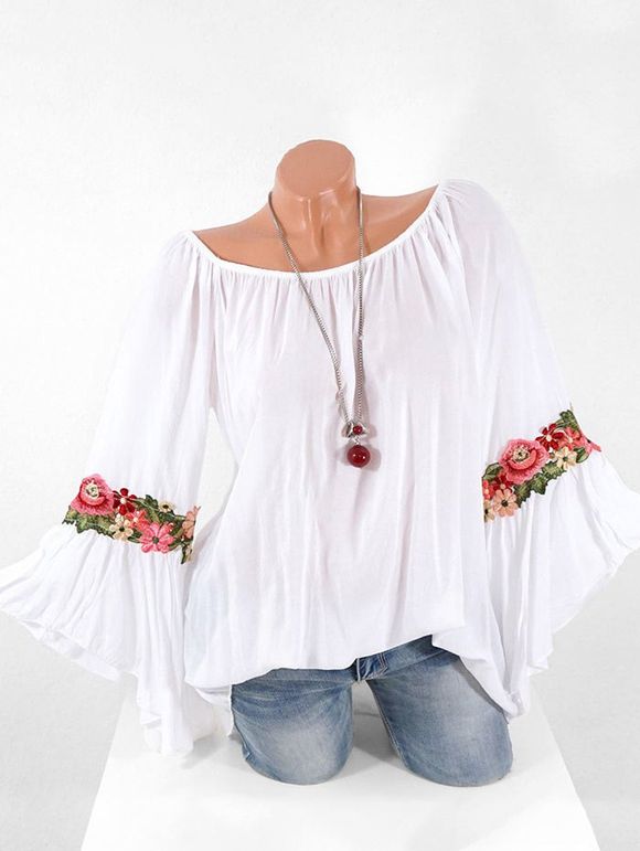 Blouse Brodée à Manches Cloche Grande Taille - Blanc 2X