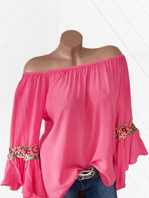 Blouse Brodée à Manches Cloche Grande Taille - Rouge Rose 4X
