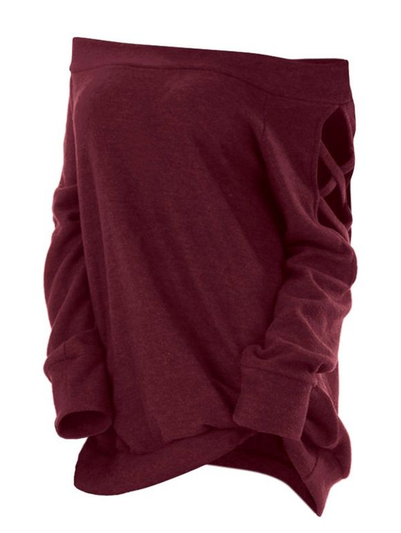 T-shirt Croisé à Epaule Dénudée Grande Taille - Rouge Vineux 1X