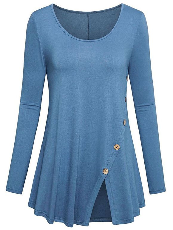 T-shirt Long Fendu avec Bouton de Grande Taille - Bleu Koi 2X