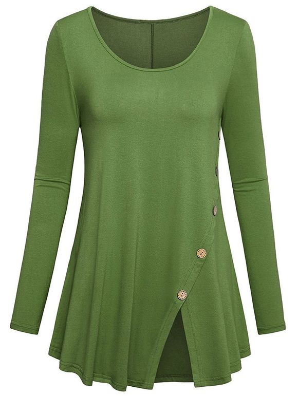 T-shirt Long Fendu avec Bouton de Grande Taille - Vert Oignon 2X