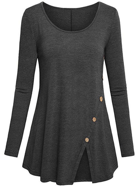 T-shirt Long Fendu avec Bouton de Grande Taille - Gris 2X