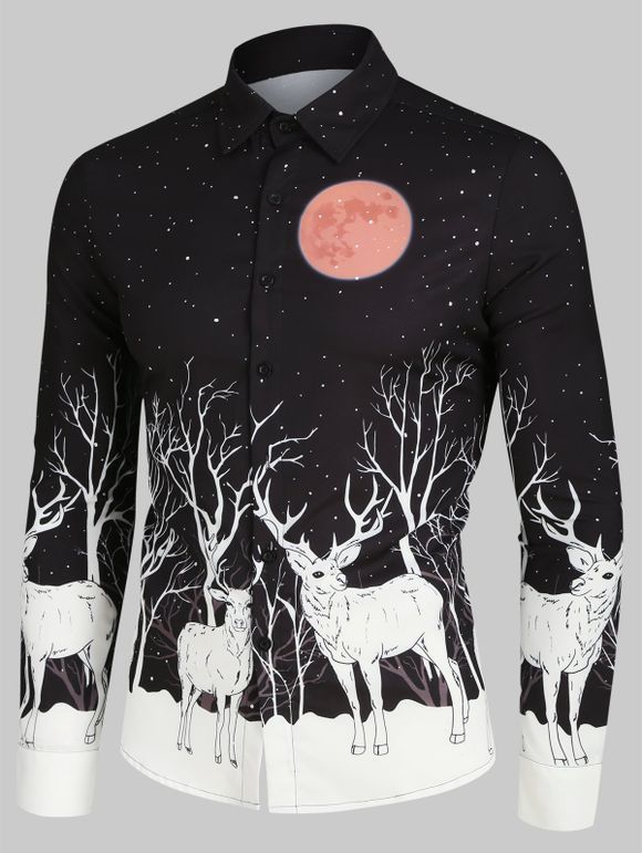Chemise de Noël Boutonnée Lune Cerf et Nuit Imprimés à Manches Longues - Noir M