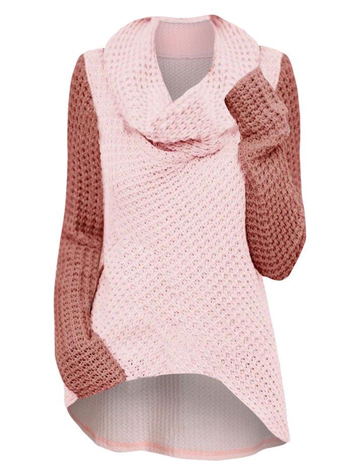 

High Low Cowl Neck Colorblock Plus Size Knitwear, Light pink