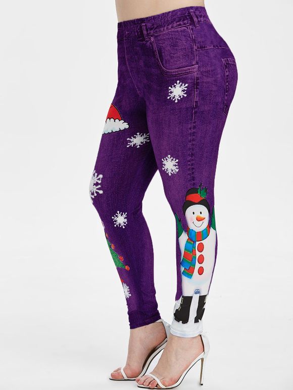 Legging de Noël 3D Bonhomme de Neige et Flocon de Neige Imprimés Grande Taille - Pourpre 2X