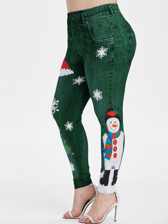 Legging de Noël 3D Bonhomme de Neige et Flocon de Neige Imprimés Grande Taille - Vert Printemps Moyen 4X
