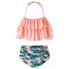 Maillot de Bain Tankini Feuille Imprimée à Col Halter - Rose 1X