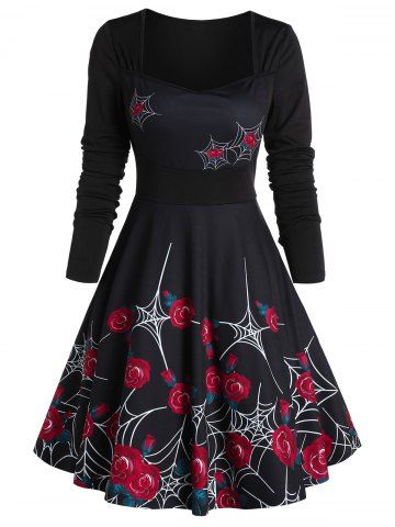 Flower Spider Web Print Square Neck Dress