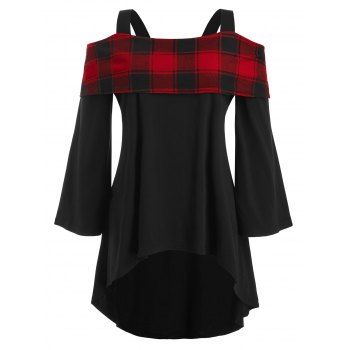 

Plaid Overlay High Low Open Shoulder Plus Size Top, Multicolor