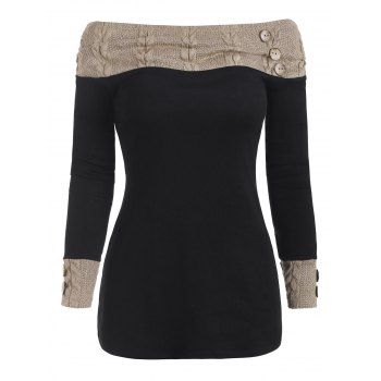 

Off Shoulder Knit Panel Buttons Top, Black