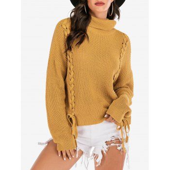 Image of Turtleneck Lace-up Drop Shoulder Ribbed Sweater