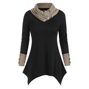 

Buttons Cowl Neck Patched Asymmetric Top, Black