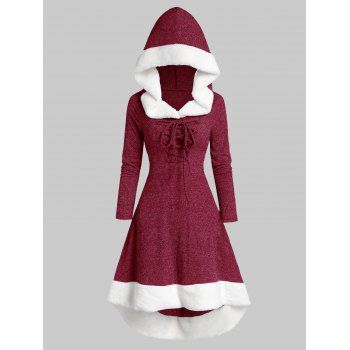 

Plus Size Hooded Faux Fur Panel Lace Up Marled Knit Dress, Red wine