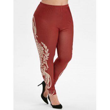 

Printed Side High Waisted Pull On Plus Size Leggings, Red wine
