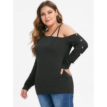 

Plus Size Strappy Button Embellished Long Sleeve T-shirt, Black