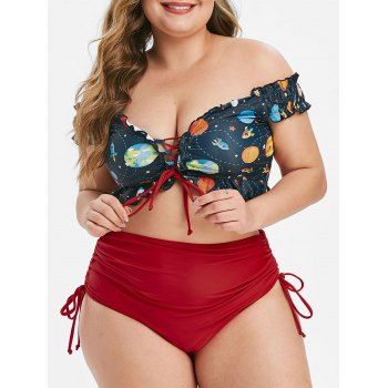 Funny Planet Off Shoulder Lace Up Cinched Plus Size Two Piece Swimsuit
