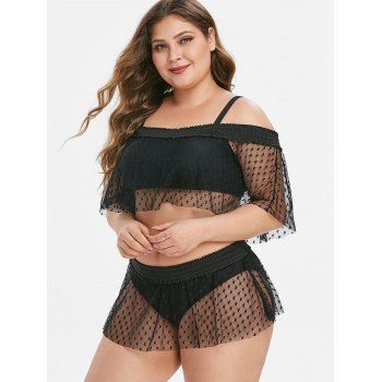 

Plus Size Overlay Mesh Cold Shoulder Two Piece Swimwear, Black