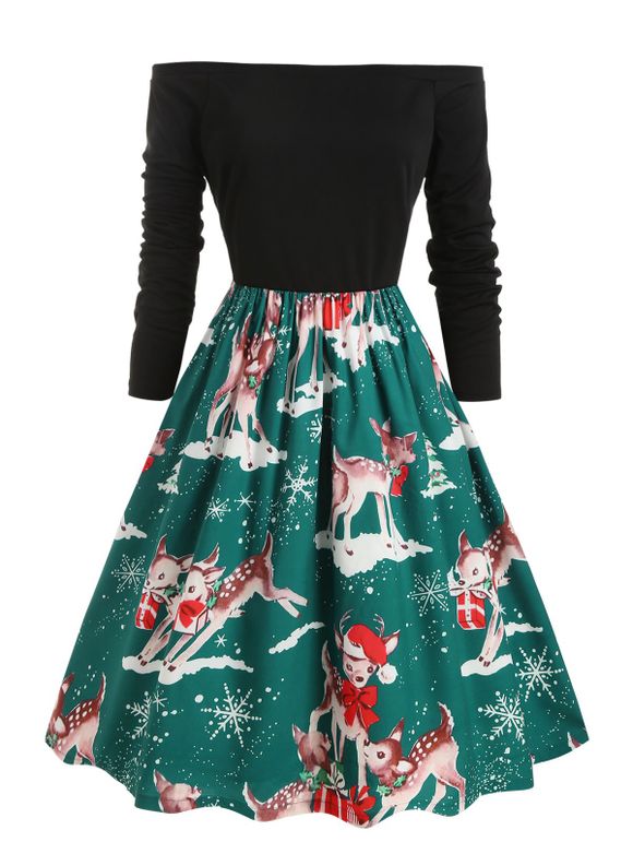 Robe de Noël Cerf et Flocon de Neige Imprimés Epaule Dénudée Grande Taille - Aigue Marine Moyenne 4X
