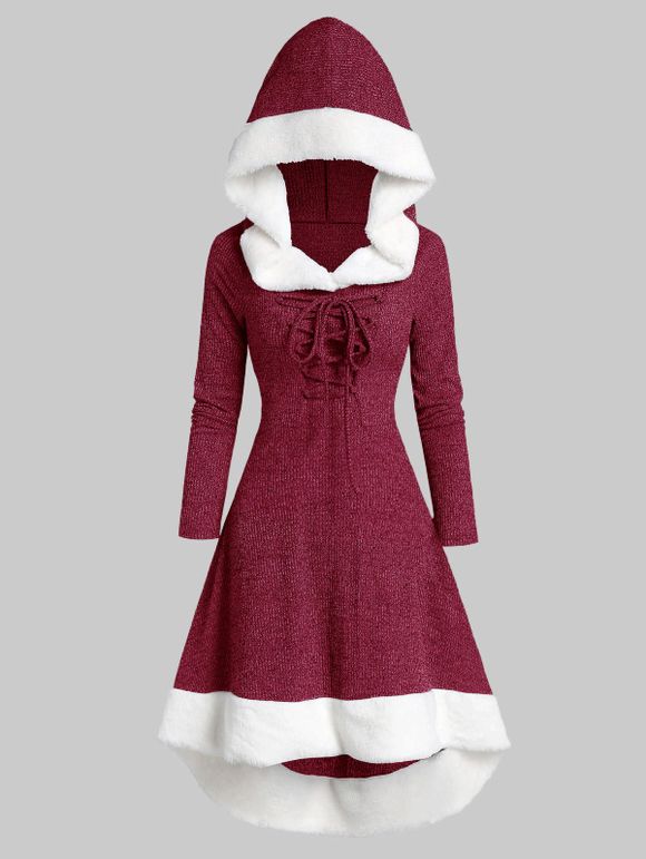 Robe à Capuche Tricotée Panneau en Fausse Fourrure de Grande Taille à Lacets - Rouge Vineux M