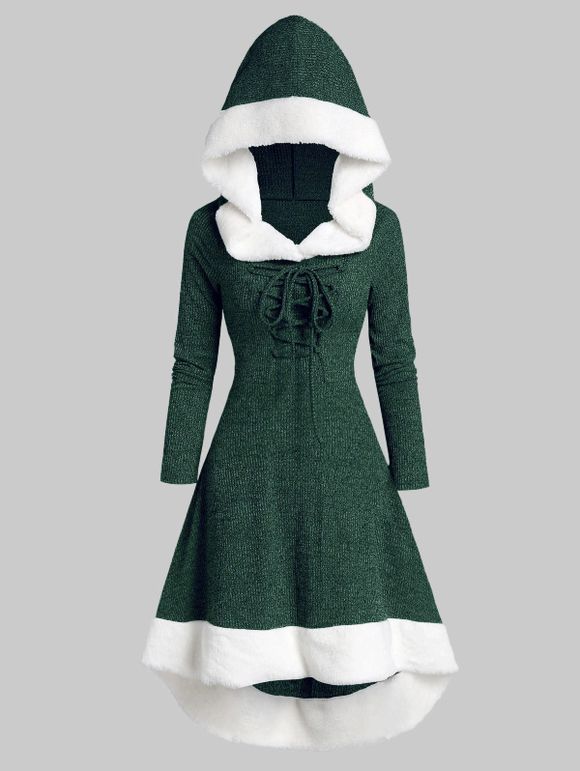 Robe à Capuche Tricotée Panneau en Fausse Fourrure de Grande Taille à Lacets - Vert Forêt Moyen 2X