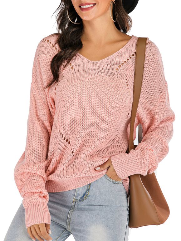 V Neck Lace-up Open Knit Ribbed Sweater - PINK S