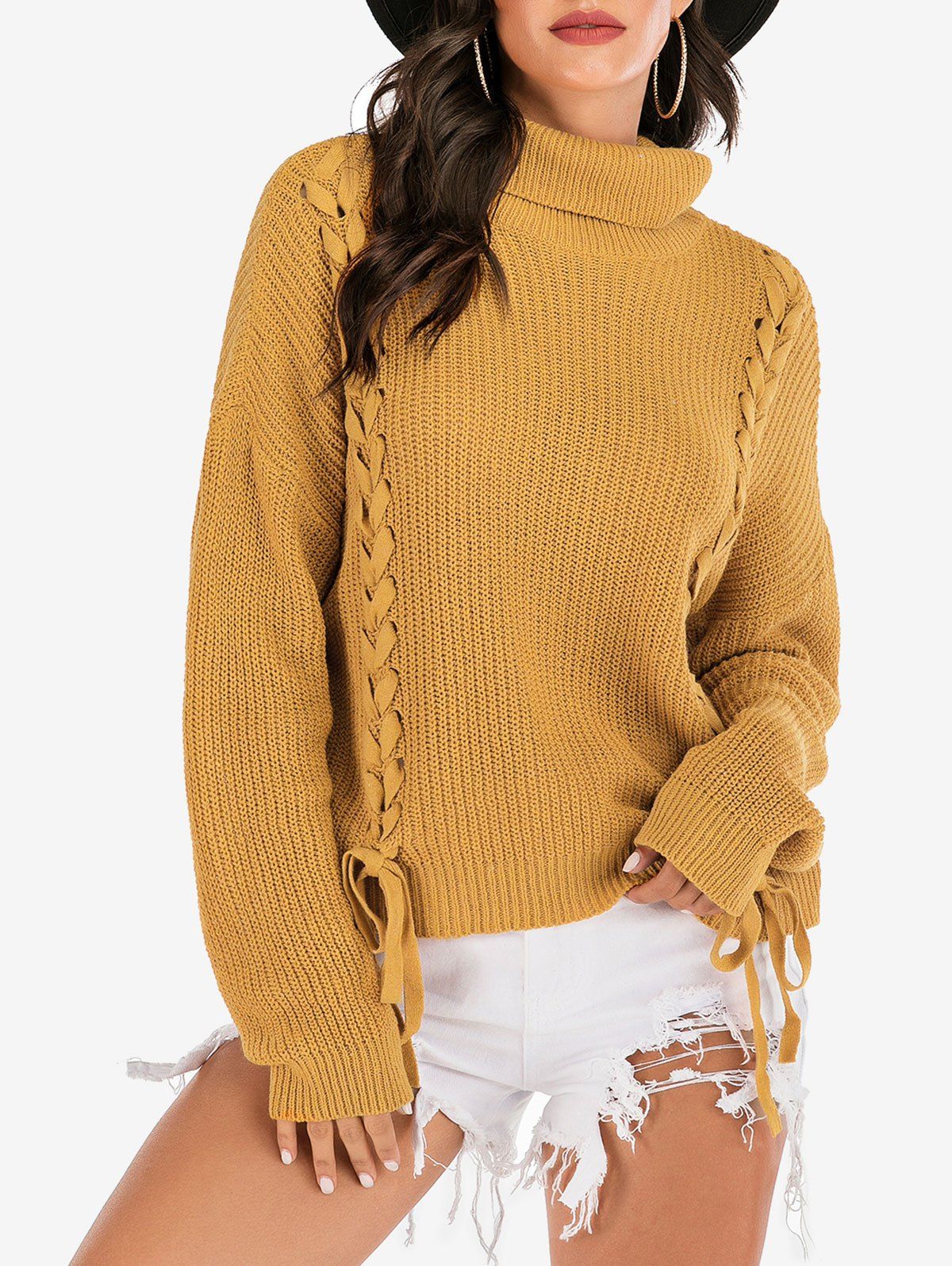 [32% OFF] 2021 Turtleneck Lace-up Drop Shoulder Ribbed Sweater In ...