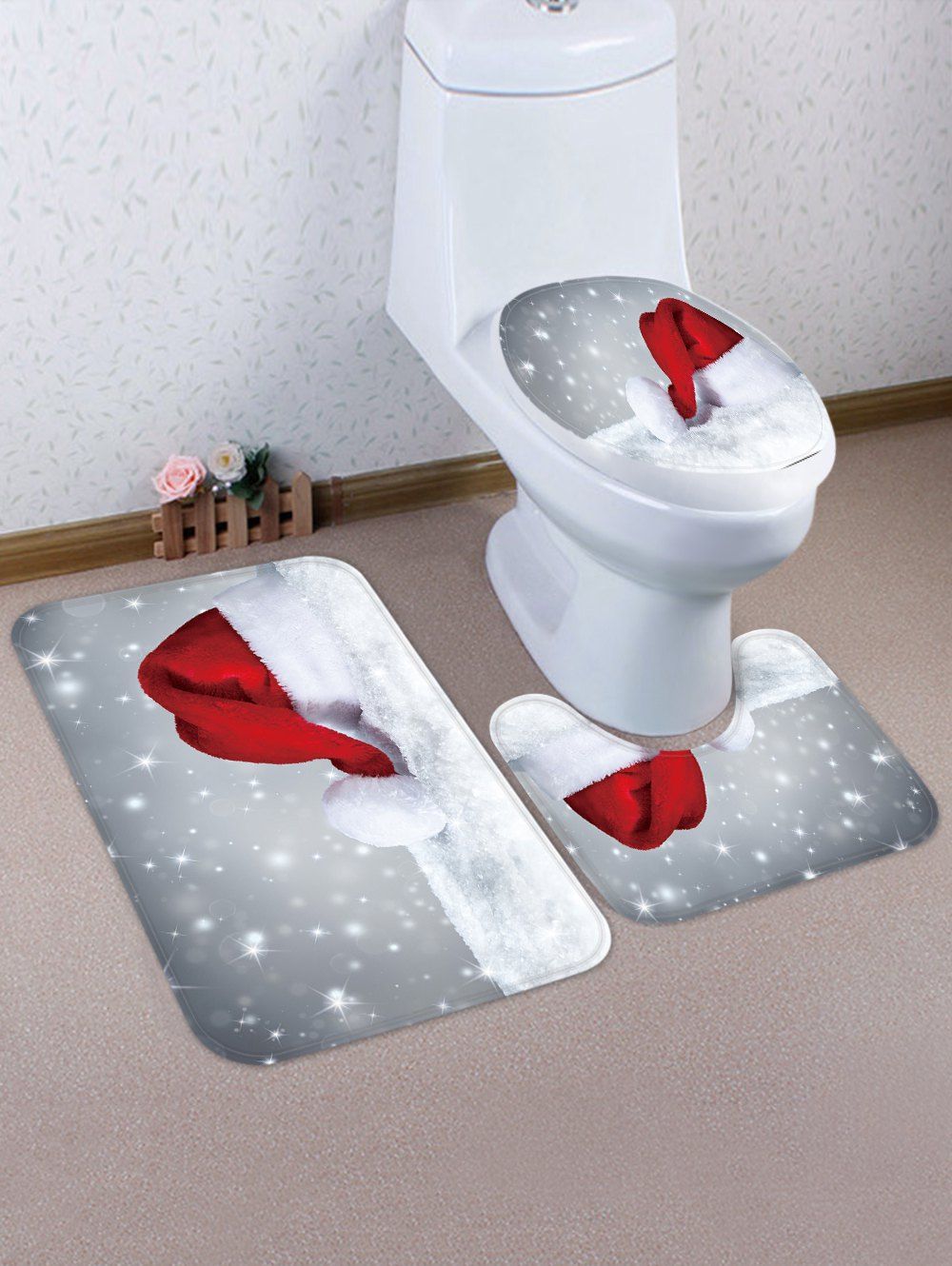 

Christmas Hat Snowfield Pattern 3 Pcs Toilet Mat Set, Multi