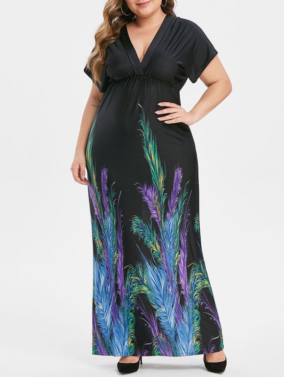 Feather Print Empire Waist Plus Size Maxi Dress - BLACK 2X