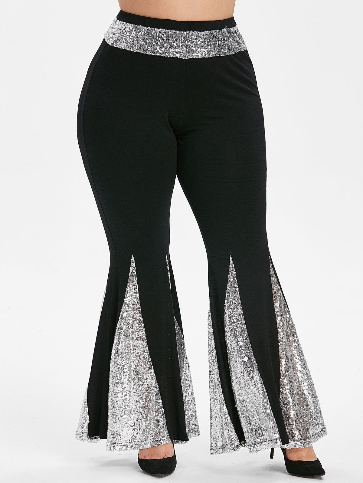 Sequined High Waisted Plus Size Flare Pants in Black