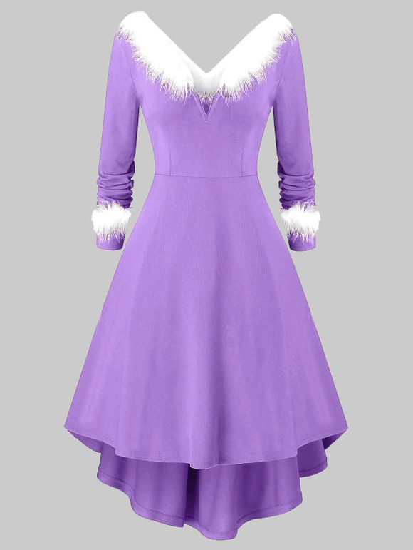 Robe de Noël Tricotée Panneau en Fausse Fourrure à Manches Longues Grande Taille - Pourpre Moyen 5X
