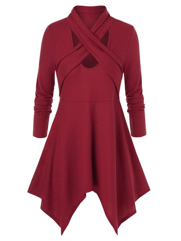 Plus Size Cross manches longues asymétrique en tricot T - Rouge Vineux 5X
