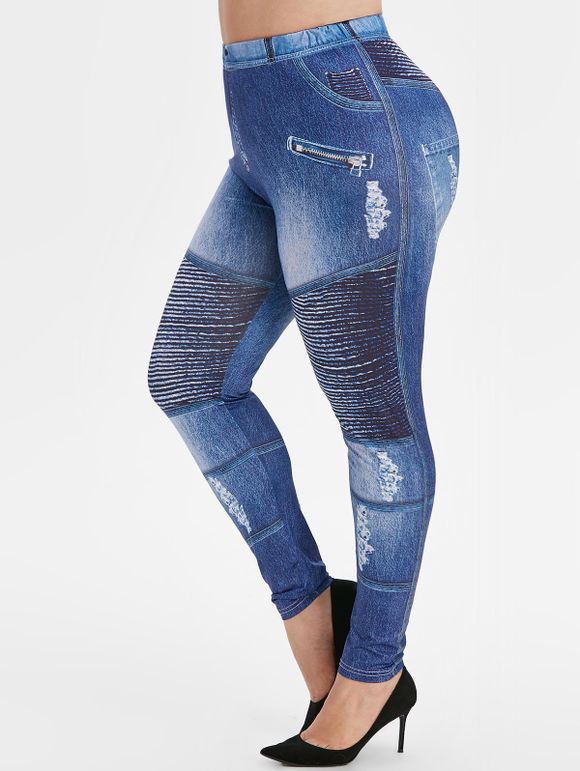 Legging Déchiré 3D Jean Imprimé à Coupe Haute de Grande Taille - Bleu Myrtille 4X