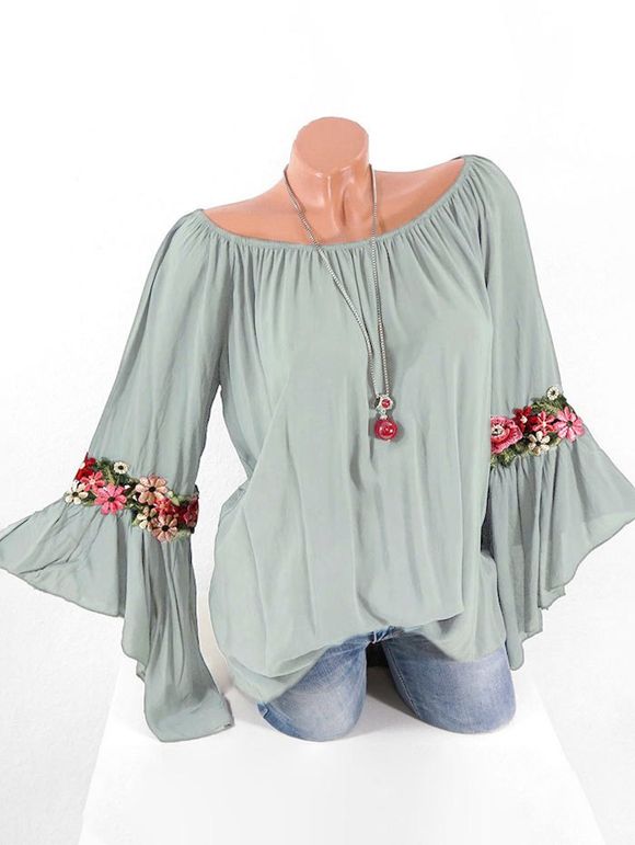 Blouse Brodée à Manches Cloche Grande Taille - Oie grise L