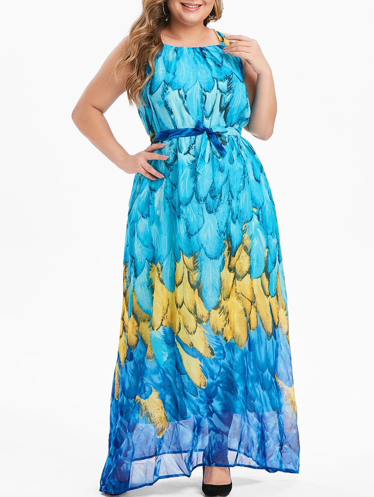Feather Print Belt Plus Size Maxi Chiffon Dress - BLUE 5X
