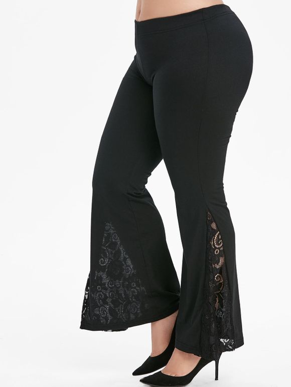 Pantalon Palazzo Panneau en Dentelle de Grande Taille à Taille Elastique - Noir 4X