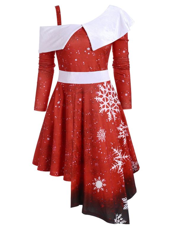 Robe de Noël Asymétrique Flocon de Neige à Col Oblique - Rouge M