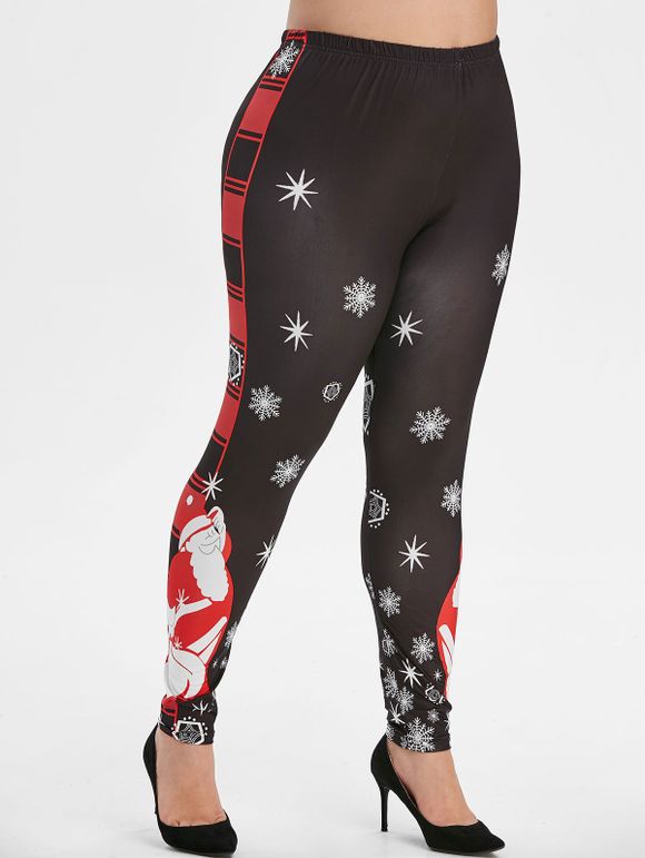 Legging Flocon de Neige Père Noël Imprimé à Taille Elastique de Grande Taille - Noir 5X