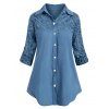 Chemise en Dentelle Insérée à Manches Roulées Grande Taille - Bleu 4X
