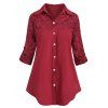 Chemise en Dentelle Insérée à Manches Roulées Grande Taille - Rouge Vineux 5X