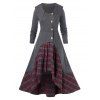Robe Haute Basse à Carreaux Imprimé avec Bouton de Grande Taille Fausse Deux Pièces - Gris 2X