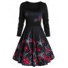 Robe Fleur et Toile d'Araignée Imprimées à Col Carré - Noir L