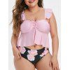 Plus Size Front Cinched Floral Print Tankini Swimsuit - ORANGE PINK 5X