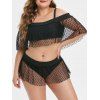 Plus Size Overlay Mesh Cold Shoulder Two Piece Swimwear - BLACK 5X