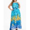 Feather Print Belt Plus Size Maxi Chiffon Dress - BLUE 5X